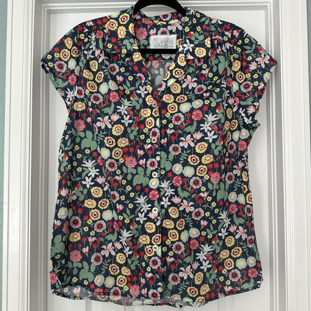 Cat's Pajamas Swiss Meadow Voile Cotton Floral Button Down Sleep Top Size Large - Picture 2 of 11